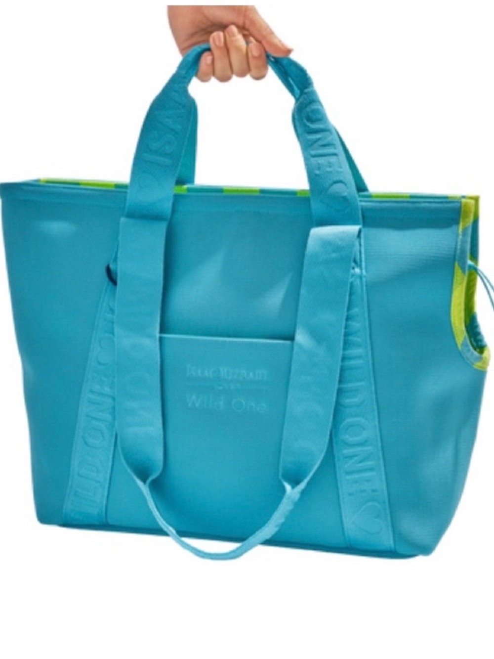 Isaac Mizrahi Turquoise Wild One Tote dog carrier with Lime Trim